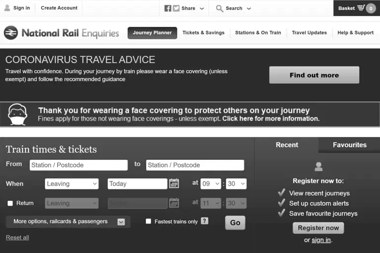Screenshot of national rail website in mourning colours