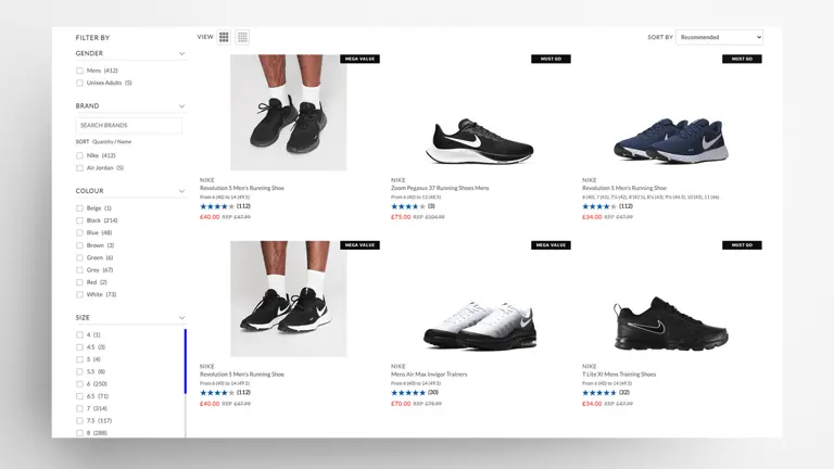 Ecommerce layout on Sports Direct store site