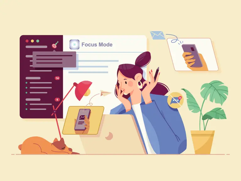 artwork of person on phone working at a desk