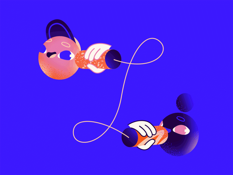 artwork of two individuals speaking on a string and cup phone