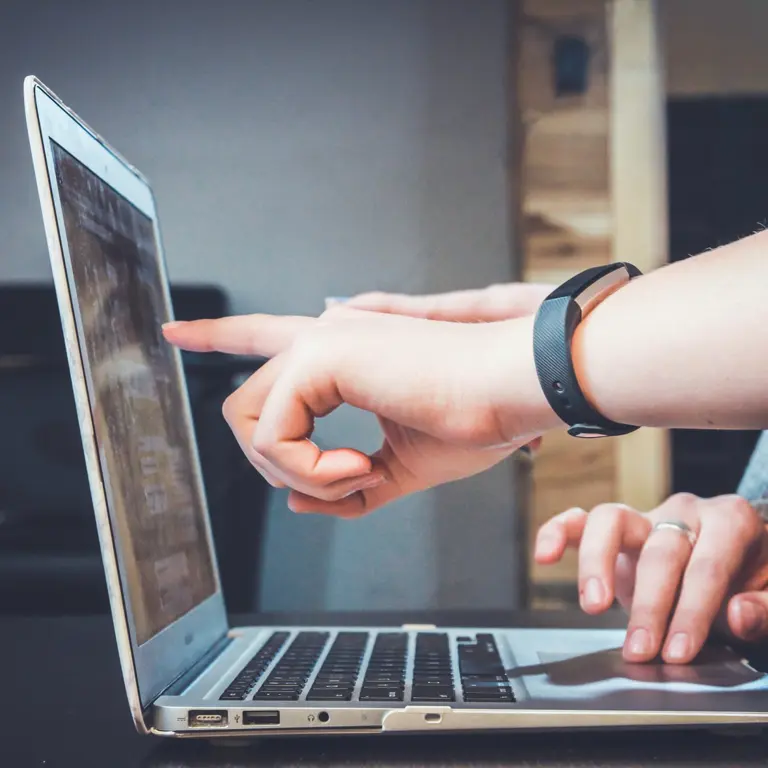 hands pointing at laptop screen