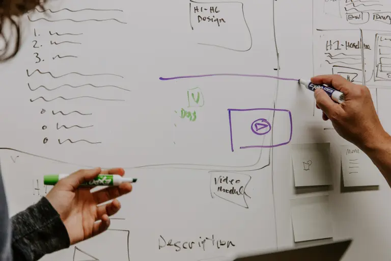 hands drawing on a large whiteboard