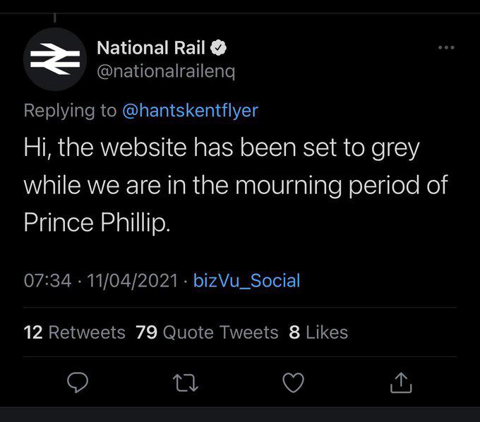 Screenshot of national rail website in mourning colours