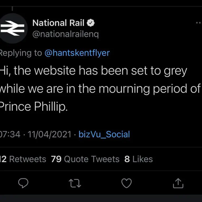 Screenshot of national rail website in mourning colours