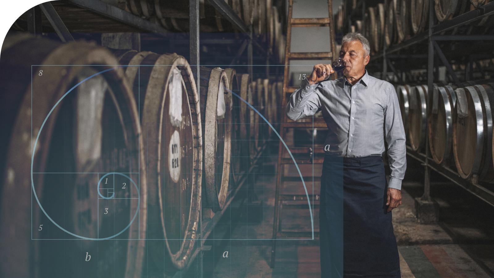 a person sampling a drink from a row of casks