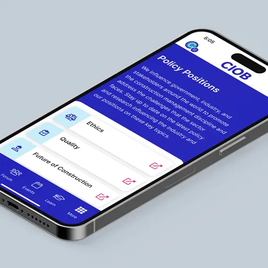 smartphone displaying CIOB policy menu in the app
