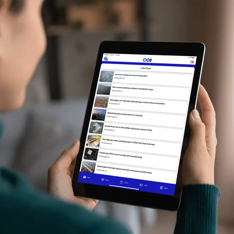 latest news from CIOB displayed on a tablet
