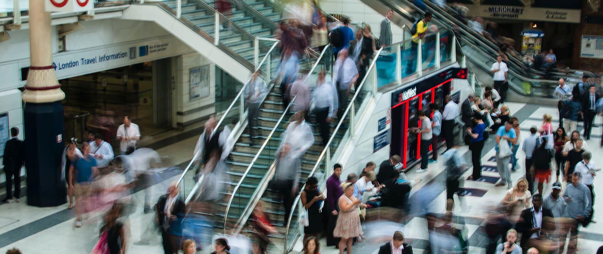 crowded scene of foot traffic at rush hour station