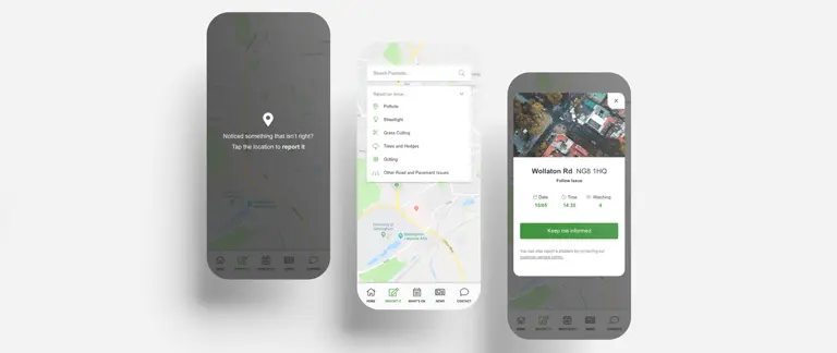 Trio of images showing different design layouts for the app