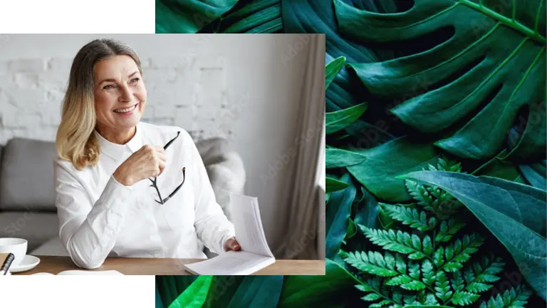 A woman at a desk overlaid on natural texture