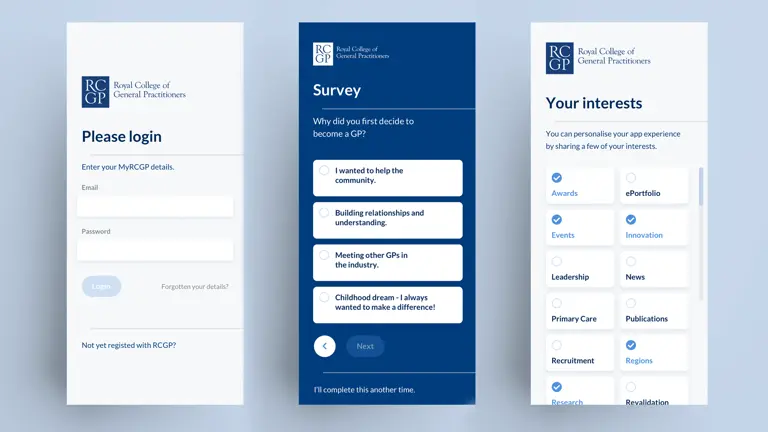 Three screens showing the sign up process for the RCGP app
