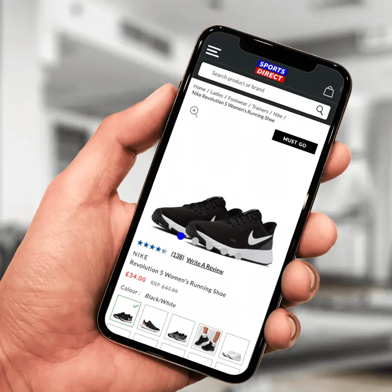 Sports Direct trainer store page on ecommerce site