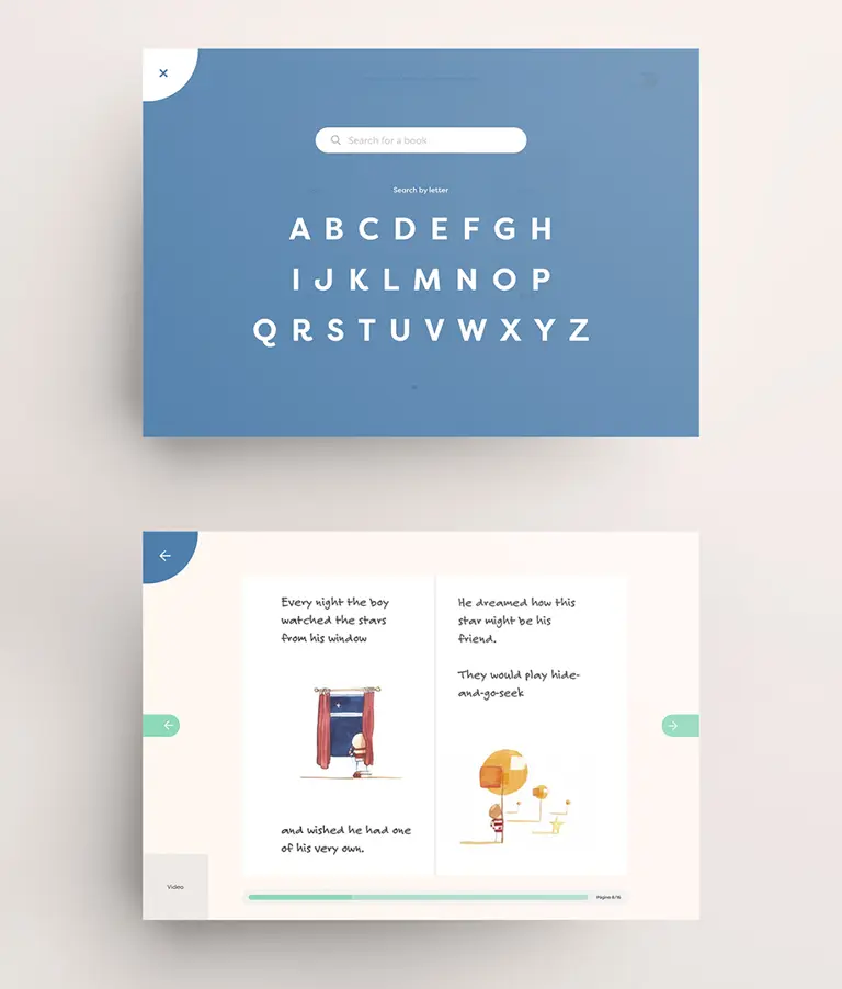 App layout screens related to child literacy, one shows the alphabet, the other a page from a book