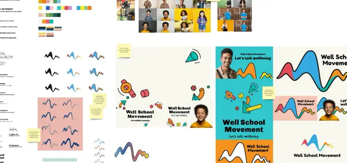 Design boards showing work on brand concepts for Well Schools
